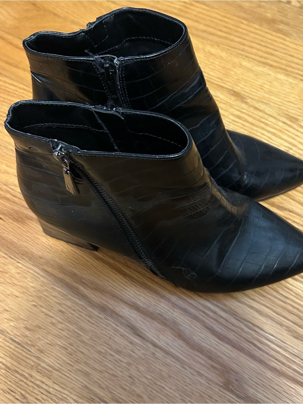 Vera Wang Black Croc-Embossed Pointed Ankle Booties